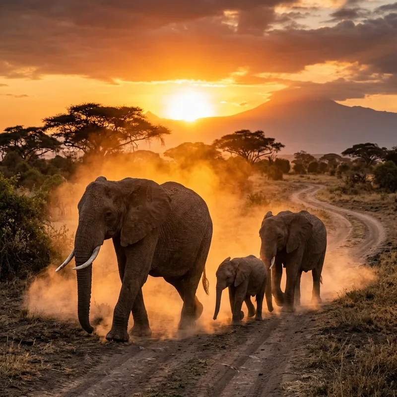 African Elephant Family at Sunrise